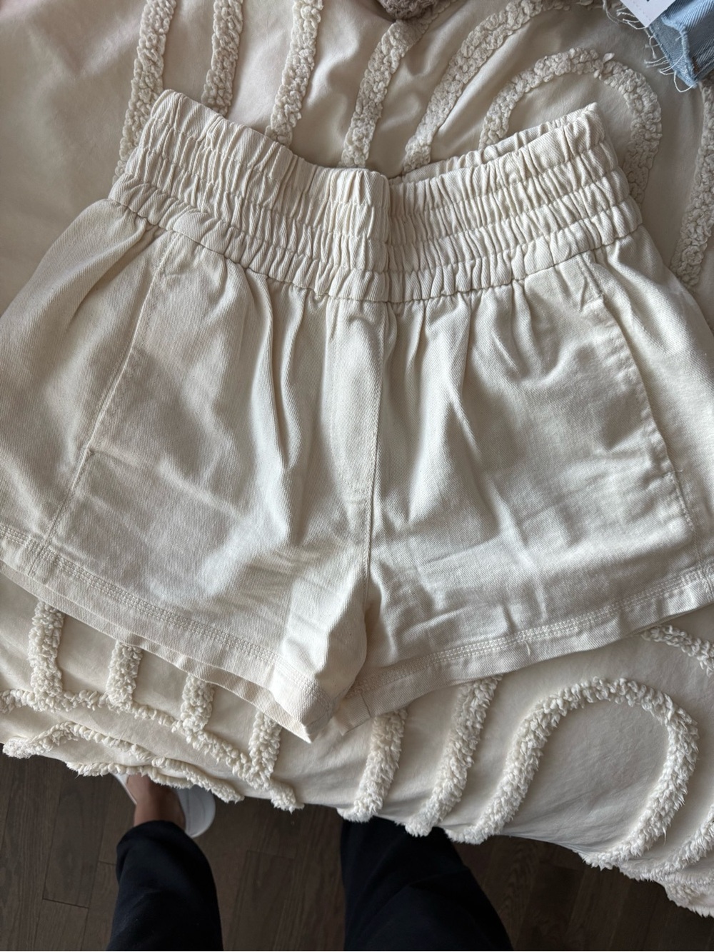 aerie Cream High-Waist Smocked Elastic Shorts